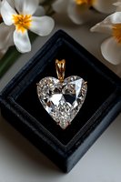 Heart-shaped diamond pendant in gold setting displayed in black velvet jewelry box with white narcissus flowers, luxury jewelry photography for engagement proposals.