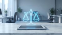 Glowing scales of justice hologram emerging from smartphone on office desk, symbolizing legal technology, law firm services, and digital compliance solutions.