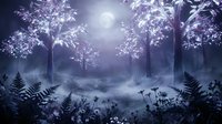 Enchanted forest landscape with glowing trees, moonlight, and mist creating a magical woodland scene for fantasy and nature designs.