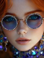 Close-up portrait of a young woman with fair skin and vibrant red-orange hair wearing ornate round sunglasses with crystal-embellished frames and gradient blue lenses. Ideal for fashion, beauty, and lifestyle editorial use.