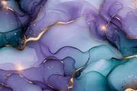 Abstract fluid art background in purple and turquoise with gold veins and sparkles. Luxury marble effect with flowing waves and glowing elements creates ethereal pattern.