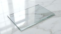 Clear tempered glass panel on white marble surface with natural lighting and shadows for modern interior design and architectural projects.