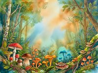 Enchanted forest floor with magical mushrooms, glowing light rays, and whimsical woodland creatures in a fantasy garden setting for children's book illustrations and storybook designs.