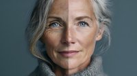 Senior woman with silver hair and striking blue eyes against teal background, showcasing natural aging and beauty contrast in split-face portrait.
