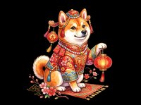 Shiba Inu dog wearing traditional red Chinese festival clothing with lanterns, coins, and decorative elements on transparent background, ready for t-shirts, stickers, and print-on-demand designs.