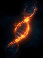 Glowing orange DNA helix structure with luminous particles against dark background, representing genetic research and biotechnology advancement in medicine.