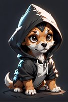 Cute cartoon corgi puppy wearing black hoodie on dark background, stylized anime character design with big expressive eyes and detailed fur texture.