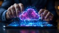 Businessman hands protecting glowing digital cloud with network connections and data streams for technology and cybersecurity concepts.