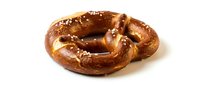 Freshly baked pretzel with golden-brown twisted knot shape and coarse salt crystals on white background, ready for bakery, food, or culinary design use.
