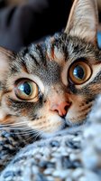 Extreme close-up portrait of tabby cat face with bright amber eyes and distinctive markings, showing detailed fur texture and whiskers against soft blurred background.