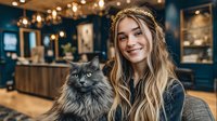 Young blonde woman holding fluffy gray cat in cozy cafe interior with warm lighting and bokeh background for lifestyle and pet photography projects.