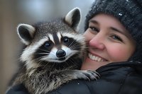 Young woman of East Asian descent holding a raccoon close to her face, both looking at camera with joyful expressions. Wildlife interaction and animal care concept.