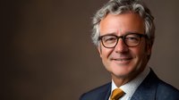 Senior Caucasian businessman wearing glasses and navy suit with yellow tie smiling confidently against brown studio background, professional corporate headshot portrait.