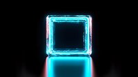 Glowing neon blue square frame with reflection on dark background, electric light border effect creates futuristic minimal composition for modern design projects.