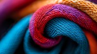 Vibrant macro photograph of colorful knitted fabric swirls featuring turquoise blue, magenta red, and orange yarn textures creating abstract curved patterns and layers.