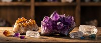 Collection of healing crystals and gemstones including amethyst cluster, citrine, clear quartz on wooden surface for meditation, energy work and holistic wellness.