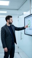 Professional businessman pointing at quality verified checkmark on digital screen in modern office environment for business presentations.