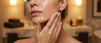 Woman applying skincare cream to face in modern bathroom with warm lighting for beauty routine and self-care wellness.