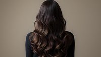 Back view of woman with long wavy brunette hair showing balayage highlights against neutral beige background, perfect for hair salon advertising.