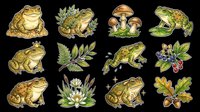 Frogs, toads, mushrooms, and botanical elements isolated on transparent background. Ready for t-shirt design, clipart, stickers, sublimation, and print-on-demand projects.
