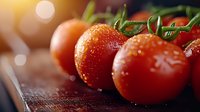 Fresh ripe cherry tomatoes with water drops on dark wooden background, soft natural lighting and bokeh effect, macro food photography.