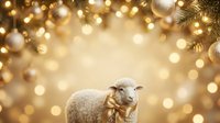 Cute sheep wearing golden bell collar standing against warm bokeh lights and festive decorations, perfect for holiday and seasonal marketing materials.