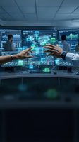 Two professionals interact with holographic digital interface displaying network connections and data analytics in modern control room environment for technology and business solutions.
