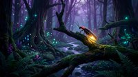 Enchanted forest scene with glowing fireflies and magical lights among twisted tree branches creating mystical woodland atmosphere for fantasy projects.