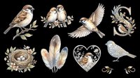 Sparrow clipart set isolated on transparent background, featuring birds on branches, feathers, nest, heart frame, and decorative letter for stickers, sublimation, t-shirt design.