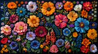 Vibrant wildflowers on dark background, colorful garden composition with poppies, daisies, and cosmos flowers in folk art style, botanical floral arrangement.