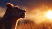 Female lioness silhouette against golden sunset sky with backlit fur and bokeh light effects creating magical atmosphere in African savanna wildlife scene.