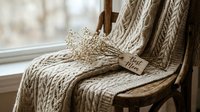 Cozy beige cable knit blanket draped over wooden chair by window with dried flowers and handwritten tag creating warm hygge home decor atmosphere.
