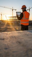 Male construction worker wearing orange safety vest and hard hat using tablet at sunset on active building site with cranes and steel framework.