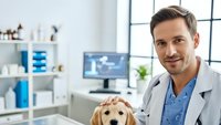 Professional male veterinarian with golden retriever puppy in modern clinic office examining room for pet healthcare and animal medical services.