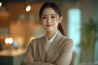 Young Asian businesswoman in beige suit jacket smiling confidently with arms crossed, standing in modern office with soft bokeh lighting and warm atmosphere.