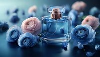 Elegant glass perfume bottle surrounded by delicate pink and blue ranunculus flowers on dark background with soft dreamy atmosphere and reflective surface.