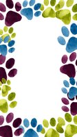 Colorful watercolor paw prints frame border on white background. Pet care, veterinary, animal lover design template for greeting cards and posters.