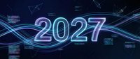 Futuristic 2027 number with glowing neon lights and digital network connections on dark background for New Year celebration and technology concepts.