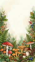 Whimsical forest floor scene with red and brown mushrooms, ferns, wildflowers, berries, and woodland plants on cream background. Isolated botanical illustration for design, stationery, and children's projects.