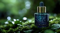 Glass dropper bottle with blue sparkling liquid on green moss background with bokeh lights, natural cosmetic and skincare product photography.