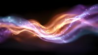 Abstract glowing wave with orange and purple light effects on dark background, luminous flowing energy stream with sparkles and magical particles.