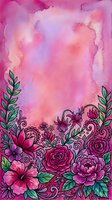 Watercolor floral border with roses, hibiscus, and peonies in pink and purple tones, with copy space for greeting cards or posters.