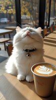 White fluffy cat with closed eyes sitting contentedly next to latte coffee cup with heart pattern foam art in sunlit cafe. Cozy morning atmosphere for cafe marketing.