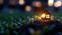 Miniature glowing house on mossy ground with green sprouts and bokeh lights in background creates magical evening atmosphere for fairy garden concept.