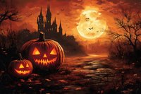 Glowing jack o'lanterns on spooky path with gothic castle silhouette against dramatic orange sky and full moon, bats flying in moonlight, dark Halloween atmosphere.