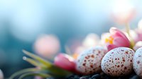 Speckled Easter eggs with pink spring tulips against blurred turquoise background. Festive holiday composition with natural bokeh effect and soft lighting.