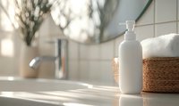 White cosmetic bottle and woven basket with fresh towels on bathroom counter in soft morning light with window shadows creating serene spa atmosphere.