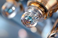 Close up view of electronic cigarette vaping device showing metal coil and glass tank components with soft blue bokeh background and copper accents.