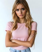 Young Caucasian woman with long blonde hair wearing pink t-shirt and jeans showing disappointed expression with arms crossed against white background. Portrays disagreement.