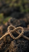 Natural rope twisted into heart shape on volcanic rock surface with warm golden sunlight and blurred green foliage background for romantic outdoor concepts.
